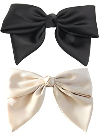 XPEX Haarspangen mit Schleife, für Damen, französischer Stoff, Haarspangen mit Schleife, elegantes Satin-Haarzubehör für Mädchen, Schwarz und Beige, 2 Stück