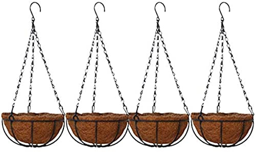 ASEELO Lot de 4 Jardinières Suspendues en Métal de 25,4 cm avec Doublures en Fibre de Coco - Pots de Fleurs Extérieurs Ronds à Suspendre pour Décoration de Porche de Jardin