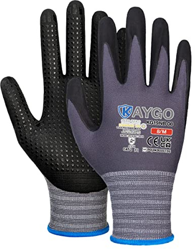 KAYGO Arbeitshandschuhe mit Grip Noppen für Anti-Rutsch Griff, KG19NB | Nitril beschichtet, Leicht Ölbestandig, 12 Paar Nylon Schutzshandschuhe für Auto, Werkstatt, Lager, DIY (Grau, M, Gr 8)