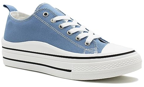 Womens Lace Up Platform Sole Canvas Baseball Sneakers Ladies Chunky Retro Flat Low Top Fashion Trainers Pumps (Blue, UK Footwear Size System, Adult, Women, Numeric, Medium, 7)