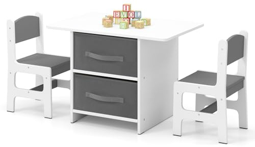 GOPLUS Table Enfant avec 2 Chaises, Table d'Activités Enfant avec Rangement, 2 Compartiments 2 Boîtes, Plateau Spacieux, Charge 50KG, pour Lire, Écrire, Dessiner et Jouer (Gris)