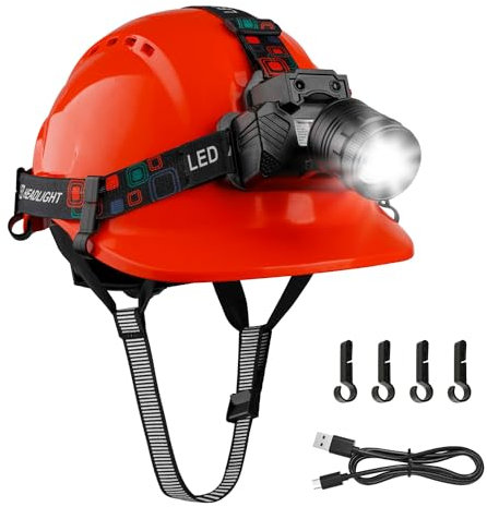 Mustbau EN397 Schutzhelm mit LED, Bauhelm für Erwachsene, mit Gestensensor-LED-Licht, Lange Batterielebensdauer Geeignet für Baustellen, Nachtarbeit, Angeln, ABS-Material für Männer und Frauen-Rot