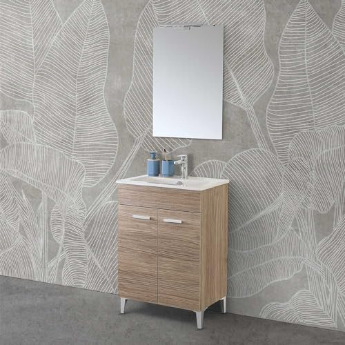 Inbagno Mobile bagno a terra 60 cm salvaspazio in rovere tropea con due ante, lavabo e specchio LED 52x68 cm, MARTHA
