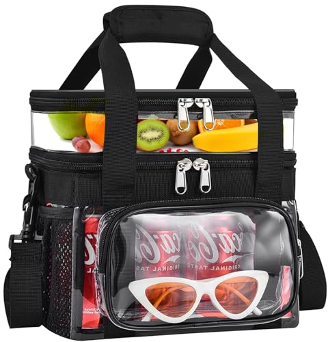 Busiuw Double -Deck Clear Lunch Bag for Work with Adjustable Shoulder Strap and Top Compartment for Work, Picnic, Beach, School