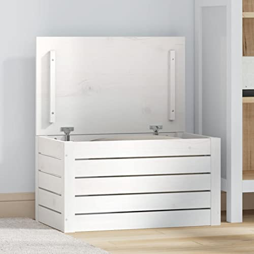 Gecheer Baúl de almacenaje Caja de almacenaje Arcón Exterior Baúl Organizador Cofre de Cojines Cajón,Cajón de Jardín Balcón Patio Terraza Madera Maciza de Pino Blanco 59,5x36,5x33 cm