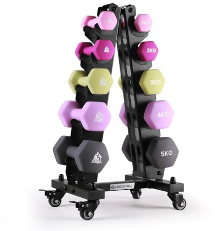 LIONSCOOL Premium Neoprene Dumbbell Sets of 3 Pairs or 5 Pairs With Solid Portable Steel Rack For Home Gym (Power Gradient, 1 to 5 kg)