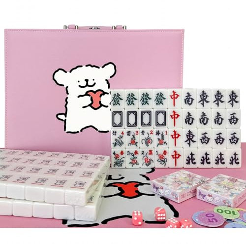Cartoon-Hund Mahjong, traditionelles chinesisches Mahjong-Spielset, 144-teiliges Mahjong-Spielstein-Set, bequemer Griff, 3 Modelle (40/42/44 mm), mit Würfel & Poker & Tischmatte & Aluminiumbox