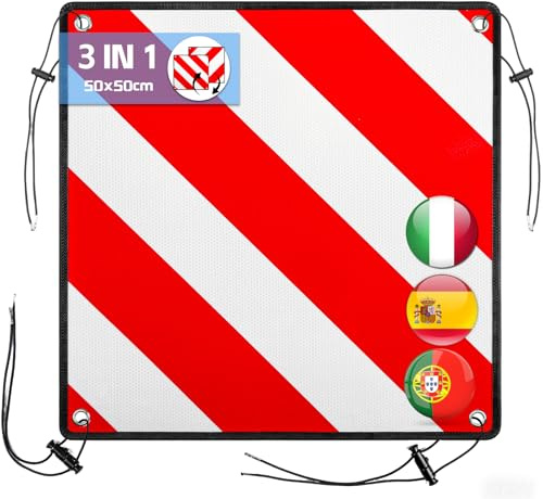 Sorlpv 3 In 1 Warntafel für Italien Spanien Portugal, Alu Reflektierend Warnschild 50x50CM mit Spannseile & Eckenschützer, Zertifizierte für Fahrradträger Heckträger Anhänger Auto Wohnmobil - 1 Stück