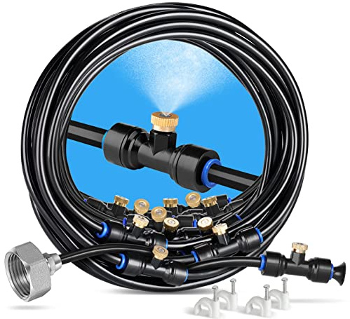 HIRALIY Sistema di Nebulizzazione Esterno, 18m Kit Nebulizzatore Acqua con 20 Ugelli in Ottone e Adattatore in Ottone 3/4, per Terrazzo Giardino Serra Animali
