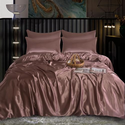 6-Piece Luxury Satin Duvet Cover Bedding Set Plain - Ultra Luxury Soft, Silky Bed Set Include (1xDuvet Cover, 1xFitted Sheet, 4xHousewife Pillow Case) (Double, Blush Pink)-(Same Day Dispatch)