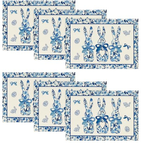 Artoid Mode Porcelain Bunny Rabbit Easter Placemats Set of 6, 12x18 Inch Spring Table Mats for Outdoor Home Party Kitchen Dining Decor