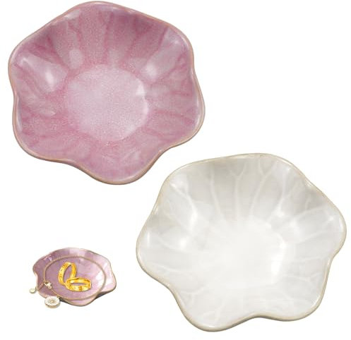 KiKiHong 2er Set Keramik-Schmuckschale,Lotusform Schmucktablett & Schlüsselablage,Hochwertige Keramik-Schmuckablage für Deko & Aufbewahrung (Rosa & Weiß)