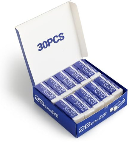 30 Gomma da Cancellare Classica - Gomma 2B 6 x 2 x 1 cm - Plastica - Ideale per Scuola, Ufficio, Schizzi, Pittura (Bianco)