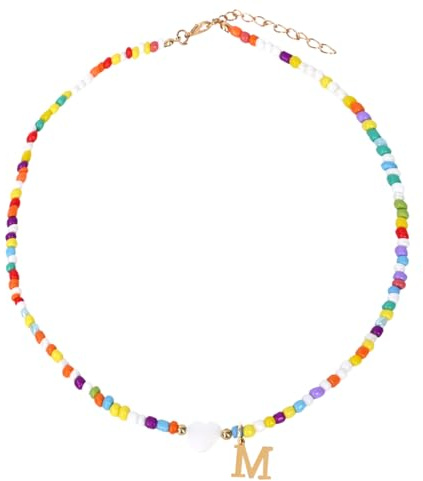 CENCERY Collares con iniciales de cuentas para niñas, coloridos collares con inicial y concha en forma de corazón, personalizados, para cumpleaños de niñas. (M)