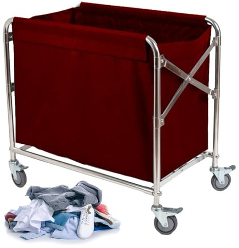 Carro Clasificador de Ropa Plegable, Cesto de Lavandería Comercial para Hotel con Estructura de Acero y Bolsas Extraíbles, Capacidad Total 280 L, Capacidad de Carga 200 Kg/440 Lb(Brown,60x90x88cm)