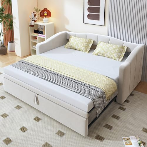 Generisch TOBIDOEN Ausziehbares Schlafsofa 90/180 * 200 cm mit Lattenrosten, Polsterbett mit Ausziehbett Gleiche Höhe, Sofa Bett Ausziehbar zum Doppelbett, Samtstoff, Beige
