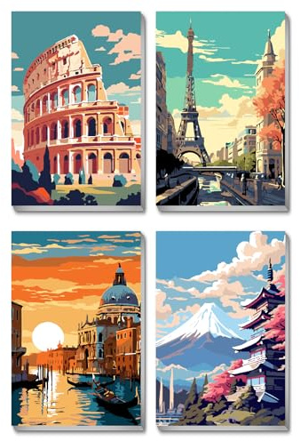 BEAYIOU 4 Pack Framed Paint by Numbers Kit for Adults Beginners, Landscape Easy Paint by Number Kit with Frame, Watercolor Adult Paint by Number Framed Canvas (8x12Inch)