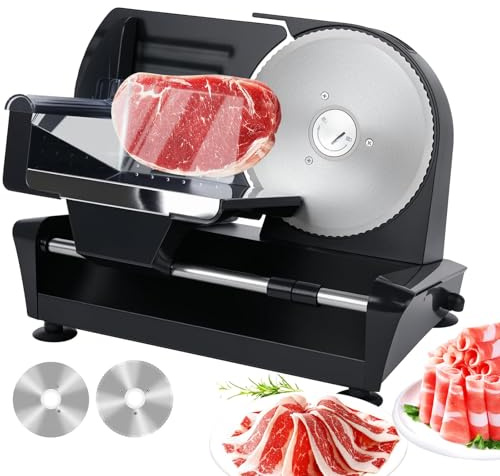 Electric Meat Slicer for Home - 200W, 2 Pack 7.5 Inch Stainless Steel Blades, Adjustable 0-20mm Thickness, Safety Lock & Non-Slip Base - Slices Meat, Cheese, Bread, Deli, Vegetables