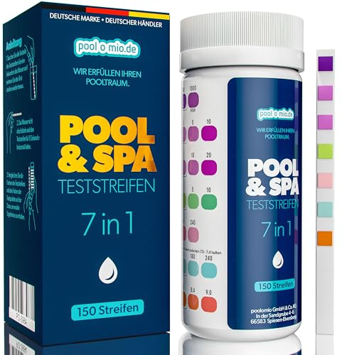 poolomio® Pool Teststreifen 7in1, 150 Stück | Für Schwimmbad, Whirlpool, Spa & Teich, pH-Wert, Wasserhärte, freies & gesamtes Chlor, Brom, Alkalität, Cyanursäure