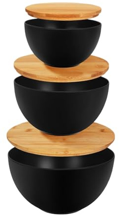 Patifirst Bol de Service avec Couvercles,3 Pièces Ensemble de Bols de Préparation - Contenants Service Empilables avec Couvercles Bois pour Préparer Conserver Soupe Pain Légumes Croustilles - Pour