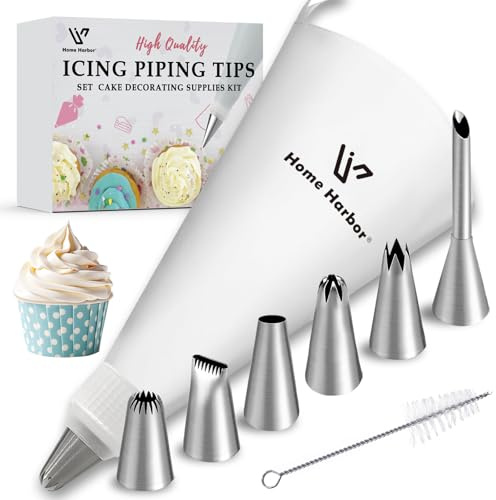 8 Stück Spritzbeutel Wiederverwendbar Anzug, Spritzbeutel mit Puffs Tüllen, Piping Bag mit 6 Verschiedene Modelle Edelstahldüse,1 Reinigungsbürste, für Puffs,Kuchen, Torten, Keksen-Dekoration