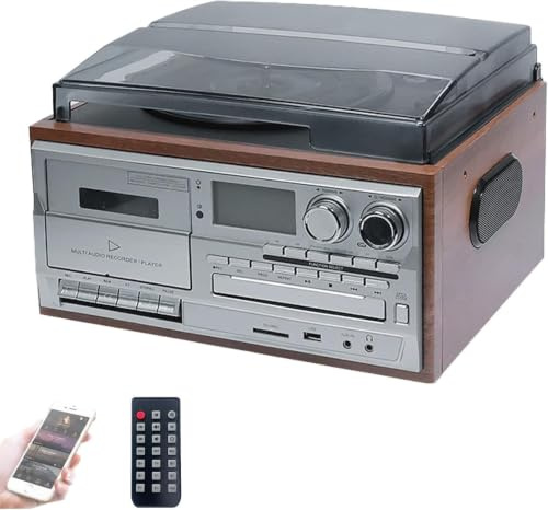 Système De Divertissement Rétro 10 en 1, Lecteur Cassettes Bluetooth avec Télécommande, Écran Couleur LED, Haut-parleurs Intégrés, Radio AM/FM, Platine Vinyle À 3 Vitesses, CD Numériseur(Light Brown)