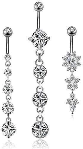 YOVORO 3PCS 14G 316L Stainless Steel Belly Button Rings for Women Navel Rings Barbell Dangle Flower CZ Body Piercing S