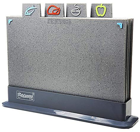 4 Stück Grau Marmor Schneidebrett mit Ständer Rutschfest Spülmaschinengeeignet für Obst Fleisch Fisch