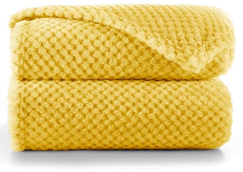 DecoKing Henry Cuddly Blanket, 220 x 240 cm Microfibre Blanket, Bedspread, Fleece, Soft, Cuddly Scandinavian Style, Mustard Yellow / Light Orange
