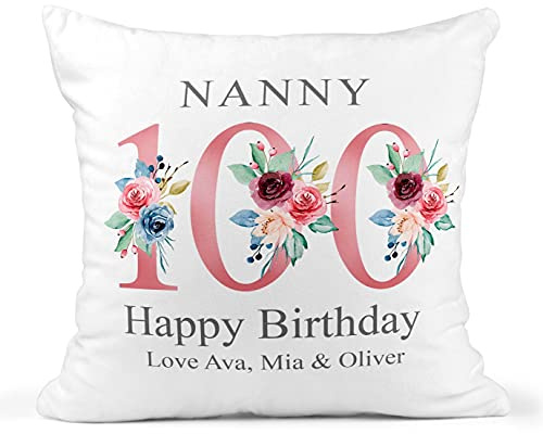 100th Birthday Gift for Women, Personalised Cushion/Pillow with Kids Names and Floral Design, Birthday Gift for Mum, Birthday Gift For Nanny/Grandma, 1921