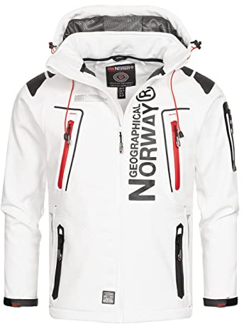 Geographical Norway Techno män - Vattentät softshell-jacka med huva för män - Taktisk vindjacka för utomhusbruk - Vandring, skidåkning, höst, vinter och vår, vit/röd, M