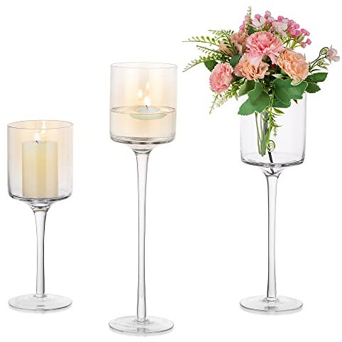 Inweder Tall Glass Candle Holder: Long Stem Floating Candle Holders for Tealight Votive and Pillar Large Clear Centerpieces for Wedding Table Party Home Set of 3