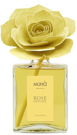 MUHA' | Duftdiffusor für Räume Rosa Diffuser, Duft Uva e Fico, Raumduftdiffusor mit Rose aus Birkenholz, 200 ml Format.