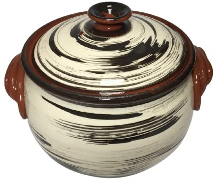 etara Wein&Feinkost Kollektion/Tontopf, Bräter, Schmortopf mit Deckel, Güvec, Brottopf, Joghurttopf, Keramik, bulgarische Tradition, hochwertige Handarbeit (Weiß - Schwarz, 3 Liter)