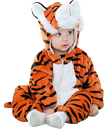 Doladola Babys Onesies med huva tecknat djur sparkdräkt baby myskläder nyfödd kläder overall(4-5 år,Orange tiger)
