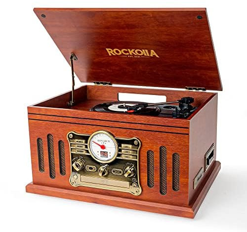ROCKOLLA - Tocadiscos de Vinilo Bluetooth, Altavoces Incorporados, 3 Velocidades, Reproducción de Discos de Vinilo LP, Radio FM, Casete, CD, MP3 USB y Tarjetas SD, Grabadora (Monarch)