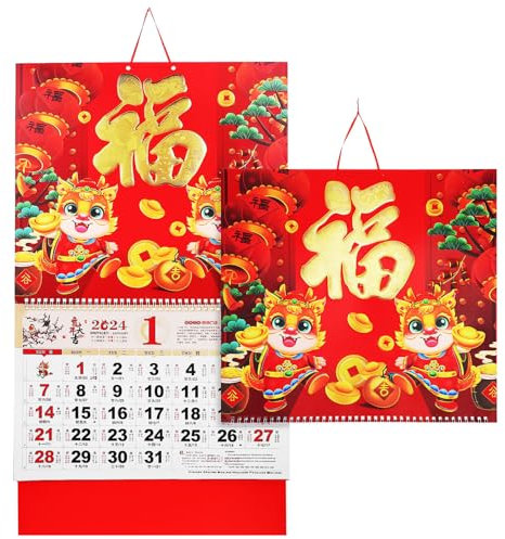 DEARMAMY 2 Stück Chinesischer Kalender Jahr Des Drachen 20 Mondneujahrskalender Mit Goldenem Drachen Und Fu Zum Aufhängen An Der Wand Tischplatte Frühlingsfest Neujahrsdekoration
