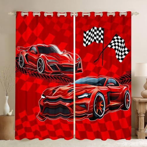 feelingyou Cool Race Auto Fenster Vorhang, Red Sports Cars Speed Race Fenster Vorhänge Jungen, Racing Themed rot Karierte Fenster Behandlung Vorhänge für Zimmer, S Größe,Guter Schattierungseffekt