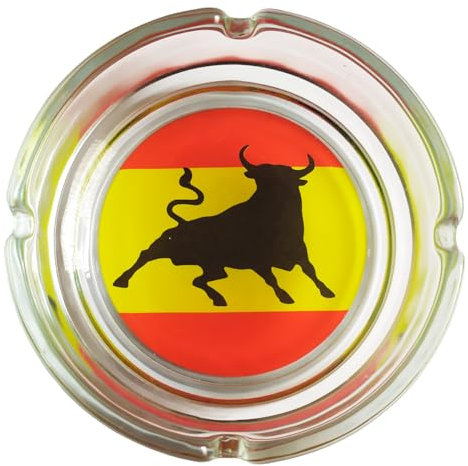 Cenicero cristal con fondo decorativo de la bandera de España y el toro.