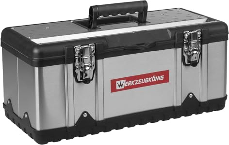 Werkzeugkönig® Werkzeugkoffer leer Edelstahl 47 x 24 x 21 cm Werkzeugkasten mit herausnehmbarer Ablage, Werkzeugkiste mit Organizer für Werkzeuge, robuster Koffer mit Metallschließen, inkl. Griff