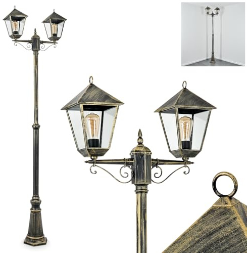 HOFSTEIN Kandelaber Anfei, Außenwegeleuchte aus Metall/Glas in Schwarz-Goldfarben/Klar, Wegeleuchte im Landhaus/Antik/Retro/Vintage-Design für Garten, Außenbereich, Hof, 240 cm, 2 x E27, IP44