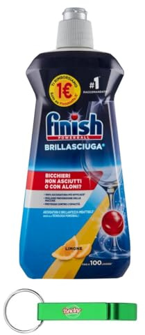 Finish Brillasciuga Lot de 12 détergents pour lave-vaisselle, empêche la formation de taches d'eau et de stries, parfum citron, séchage efficace, 100 lavages, 500 ml + porte-clés Beni Culinari