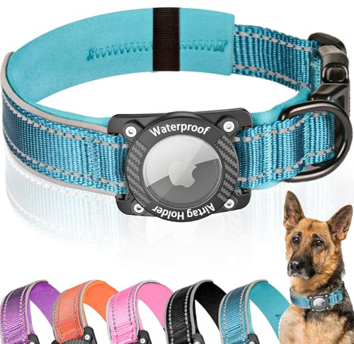 AgoumLux AirTag hundkrage, 100 % vattentätt hundhalsband med lufttagg-hållare, reflekterande justerbara kraftiga hundhalsband med mjuka vadderade stora hundar, blå, XL
