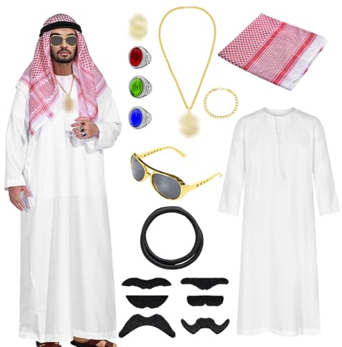 Raveparty Scheich Kostüm Herren, Araber Kostüm Herren, Arabische Kleidung Herren, Arabisches Weißes Gewand, Fasnachtskostüme Männer für Cosplay, Karneval, Party Geburtstag