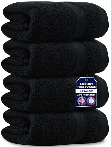 Towelogy 4 Packs Zero Twist Face Cloths 33x33cm - 100% Cotton Washcloths Absorbent & Super Soft Hotel Quality Towels | Oeko-Tex Certified (4, Noir Black)