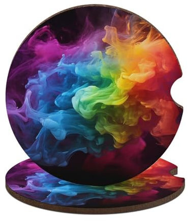 2 posavasos para automóvil, antideslizantes, absorbentes, con diseño de humo de arco iris, accesorios universales para portavasos de coche con base de corcho de 2.6 pulgadas