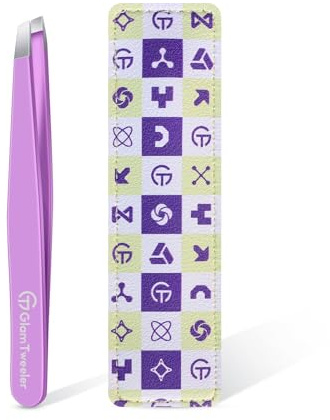 GlamTweeler - Pinzas de punta inclinada con funda de cuero, pinzas afiladas y de precisión de acero inoxidable para cejas, vello facial y depilación fina (violeta)