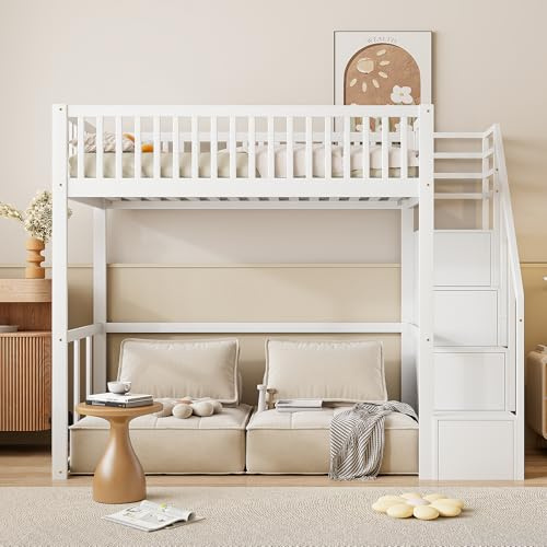 Soweiz Hochbett 90x200cm mit Sicherheits-Aufbewahrungsleiter, Bettgestell aus massivem Kiefernholz für Kinder und Jugendliche (Weiß)