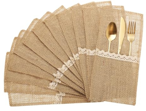 QUARKZMAN 24 Stück Burlap-Spitzen-Besteckhalter 4 x 8 mit Schleife | Bestecktasche Silberwarenhalter Natürliche Jute-Tasche Burlap-Serviettentasche, für Party-Hochzeitsdekoration