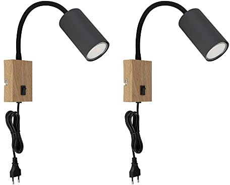 GLOBO Wand- Leselampe für Schlafzimmer Leselampe Holzoptik Wandleuchte mit Stecker Wandlampe Schwanenhals, Schalter, schwarz braun, 1x GU10, LxBxH 32x7x44 cm, 2er Set